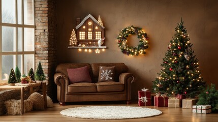 Obraz premium A beautifully adorned Christmas tree sparkles with lights and ornaments, creating a warm and festive atmosphere in the cozy living room corner.