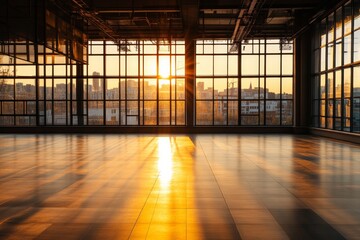 The image features sunrise streaming through expansive glass windows in a modern space, creating a warm glow that highlights minimalistic architectural elements beautifully.