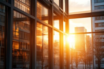 Obraz premium Golden hour light floods through expansive glass walls in an office setting, perfectly balancing the brightness of the outdoors with the minimalistic elegance of the interior space.