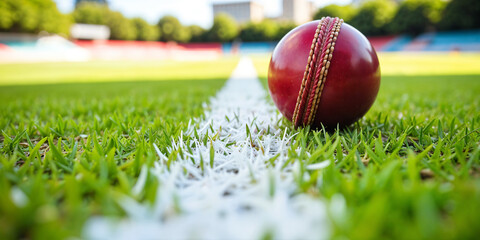 A cricket ball nestled in lush green grass under soft natural light, cricket ball, green grass, sports equipment