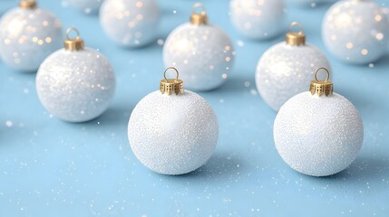 Fototapeta premium Sparkling White Christmas Ornaments on Blue Background