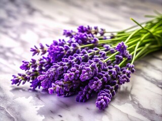 Delicate tilt-shift lavender flowers arranged on a textured marble surface, perfect for home decor and floral design projects, adding a touch of elegance and beauty.