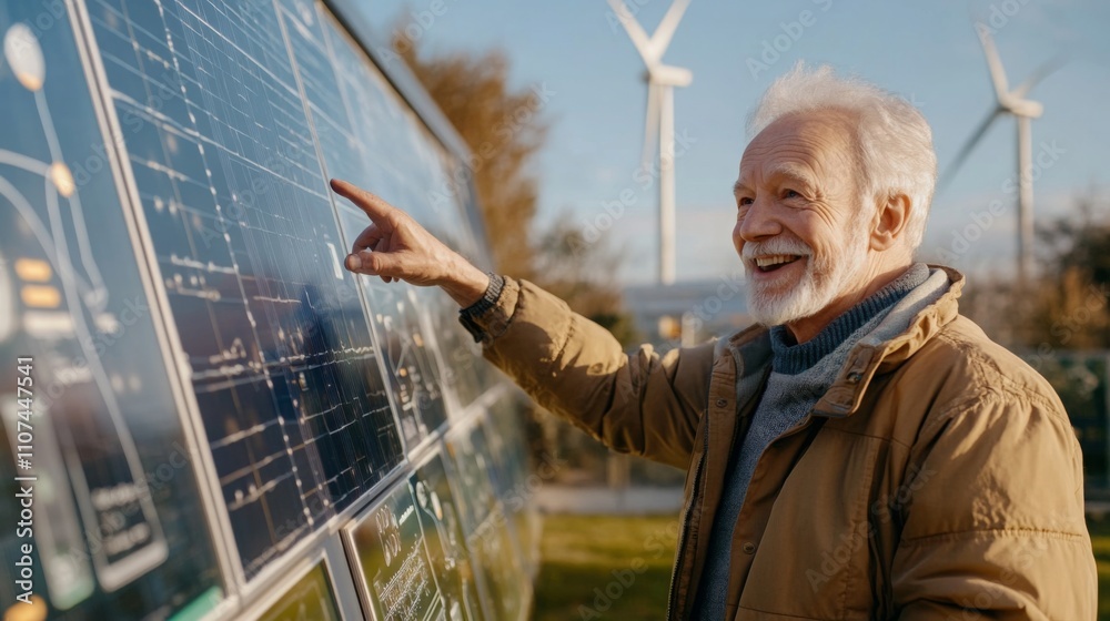 Poster an elderly man smiles as he examines solar panel data in a green energy field filled with wind turbi