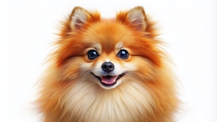 Fototapeta premium Delightful Pomeranian Spitz, showcasing fluffy fur and sparkling eyes, featured in tilt-shift photography style on a clean white backdrop, ideal for animal lovers and dog fans.
