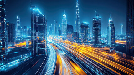 Obraz premium Cars on the highway with blue and yellow light trails