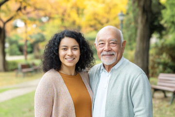 Fototapeta premium Happy moments shared between a granddaughter and grandfather in a park. Generative AI