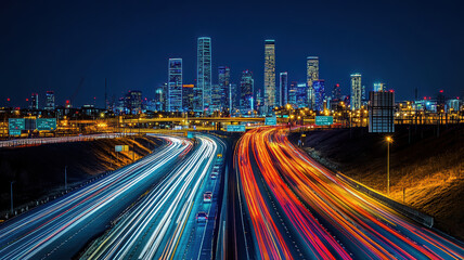 Fototapeta premium Busy city highway with light streaks at night