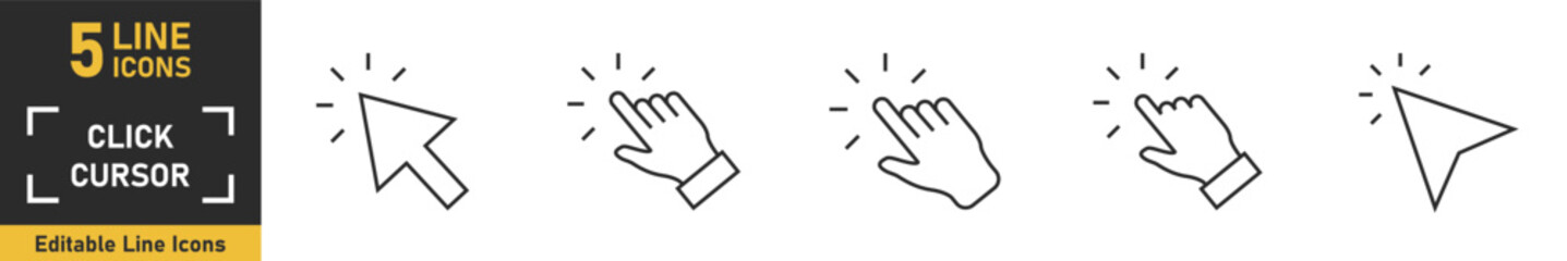 Fototapeta premium Click Cursor line icon set. Set of 5 outline icons related to hand pointer, pointer click, cursor arrow, clicking finger, computer mouse and more. Vector illustration.