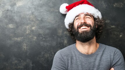 Happy man wearing Santa hat looking up and thinking about Christmas gift ideas, festive mood, preparing for holiday season with creative gift ideas and excitement