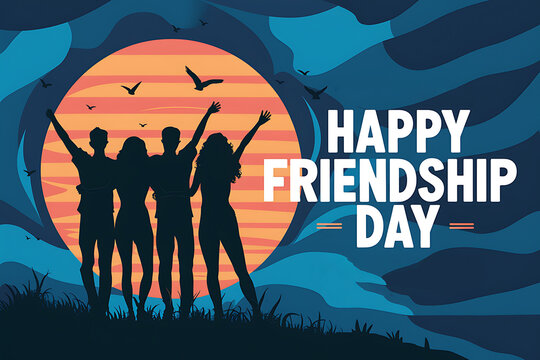Happy friendship day greeting card with group of friends enjoing their time. Friendship Day banner background.