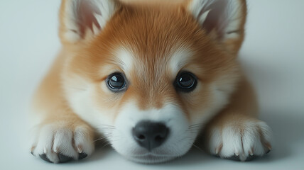 純白の背景でくつろぐ日本の子犬