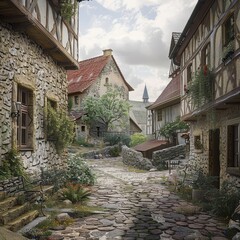 A charming medieval village street with stone houses, timber frames, and lush greenery on a sunny day.