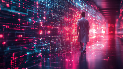 Fototapeta premium Innovative scientist explores a futuristic corridor illuminated by vibrant digital patterns at an advanced research facility. Generative AI