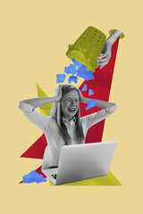 Vertical photo collage of upset business girl cry hands throw bin crumpled paper workload abuse...