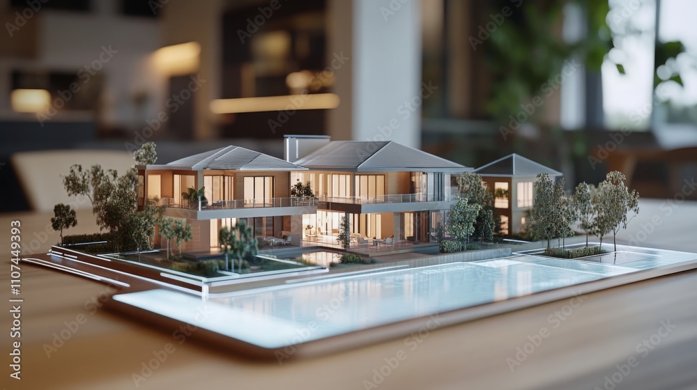 Aufkleber a detailed architectural model of a luxurious home is displayed on a sleek tablet, showcasing advanc
