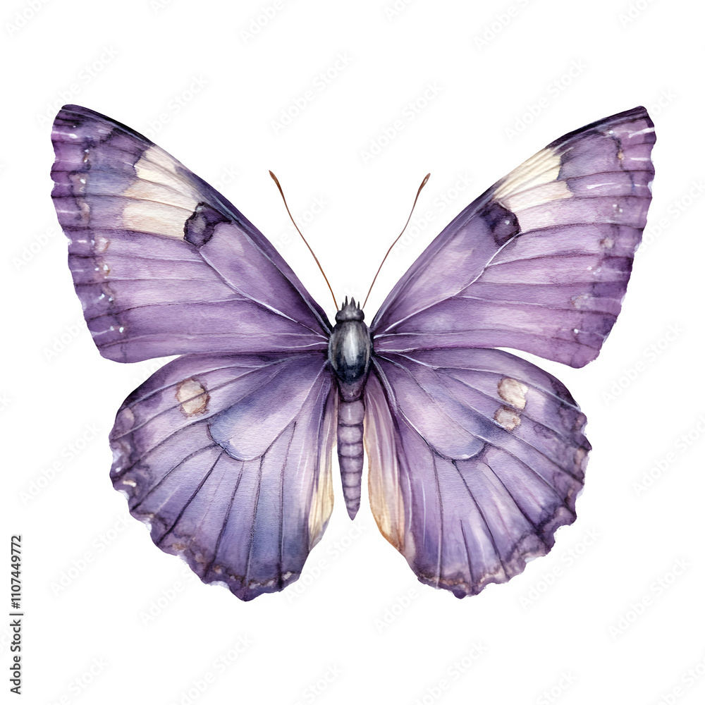 Poster watercolor painting of a purple butterfly with open wings, isolated on a transparent background, cre