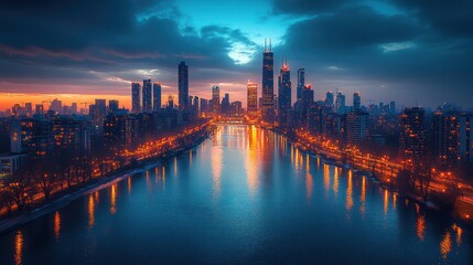 Fototapeta premium Cityscape at sunset, reflected in calm water.