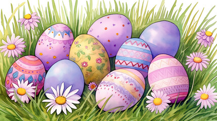 Easter Eggs and Daisies on Grass in Bright Sunlit Meadow