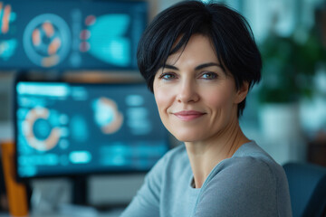 Fototapeta premium Woman smiling in a modern office setting with technology screens. Generative AI