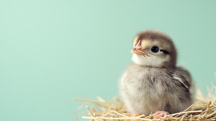 Fototapeta premium A cute chick sitting in a nest of straw against a soft turquoise background.