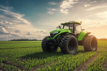 Fototapeta premium Modern Green Tractor in a Lush Agricultural Field Under a Dramatic Sky, Showcasing Farming Equipment and Countryside Serenity at Sunrise