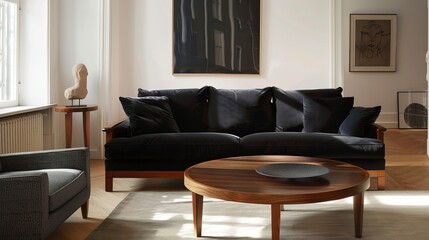 Fototapeta premium Elegant living room featuring a plush black sofa and wooden coffee table.