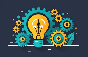 Creative Business Concept Branding Goals Lightbulb with gears and charts, symbolizing creative business concepts and branding, no face, flat design illustration