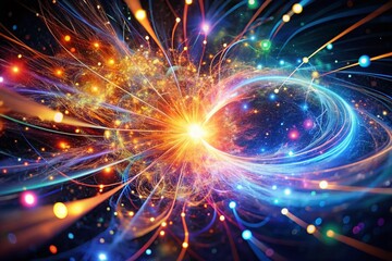 Obraz premium Dynamic particle collision showcases an energetic quantum burst, featuring high-energy impacts and stunning UHD visuals. Perfect for adding impactful text in available space.
