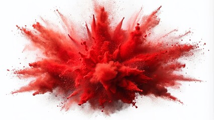 Dynamic red powder explosion isolated on white, featuring a vibrant color burst. Artful photography showcases high-speed capture for striking abstract designs and creative visual expressions.