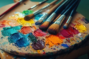 Obraz premium Colorful paint palette with various paintbrushes.