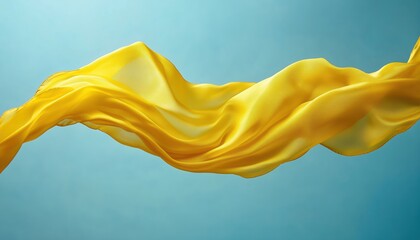 Luxurious Fashion Aesthetic: Yellow Silk Fabric And Flying Satin Scarf Creating Abstract Shapes Against A Blue Wall