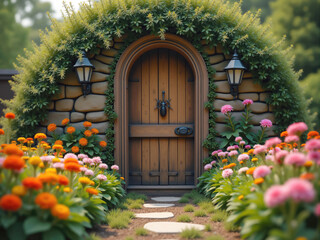 Naklejka premium Old wooden door leading to magical place surrounded by flowers