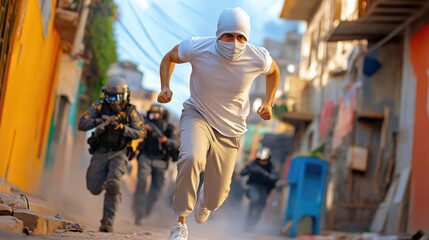 A Thrilling Police Chase in a Dimly Lit Alley