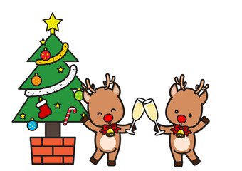 Naklejka premium クリスマスツリーの前でシャンパンで乾杯するトナカイ