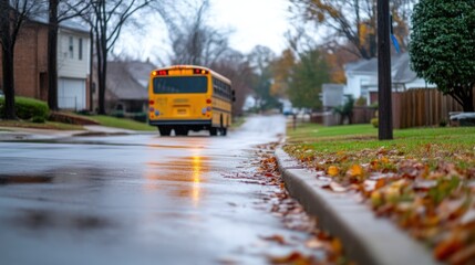 Fototapeta premium Bright Morning School Bus Turning Corner