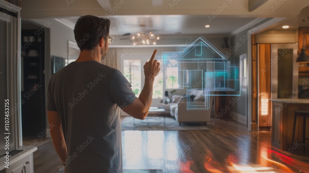 Aufkleber a man stands in a contemporary living room, using augmented reality to interact with a digital model