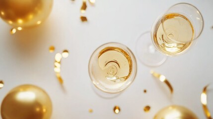 New Year's Eve champagne glasses filled with bright festive holiday lights