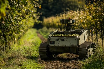 Fototapeta premium Robotic Agricultural Vehicle Navigating Vineyard Rows to Assist in Sustainable Crop Management and Optimize Harvesting Efficiency for Vineyard Owners