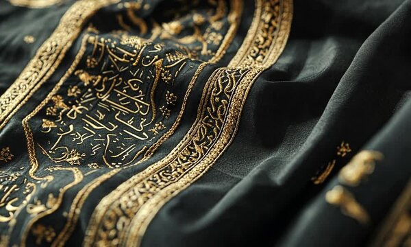 Close-up of intricately embroidered Kiswah, the Kaaba's sacred cloth, displaying verses from the Quran.
