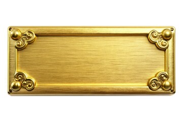 Elegant vintage rectangular gold nameplate against white, perfect for personalizing your office or home. Ideal for vintage photography and decorative displays that exude classic charm.