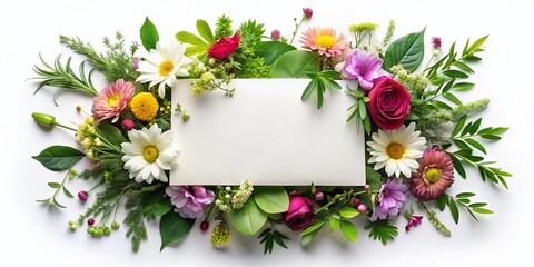 Obraz premium Elegant white card enveloped by lush greenery and colorful blooms, captured in soft, low light—perfect for weddings and special celebrations.