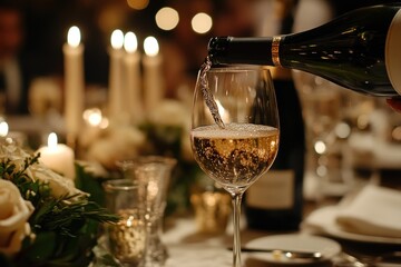 Pouring sparkling wine into a glass at a candlelit dinner.