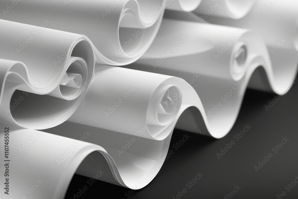 Fototapete paper stack illustration. abstract wave pattern of rolled a4 paper sheets on black background