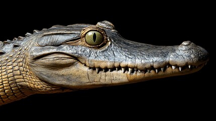 Fototapeta premium Close-up of a crocodile's head with a green eye and sharp teeth against a black background.