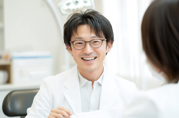 Obraz premium A young girl pointing to a tooth on a chart while the dentist explains with a smile