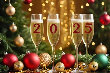 A vibrant New Year 2025 scene showcasing large golden numbers "2025" gleaming with a soft metallic shine, surrounded by festive holiday ornaments in shades of red, gold, and green. Sparkling champagne