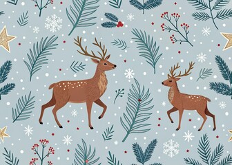 Merry Christmas pattern seamless. Red and white X-mas winter holiday background. Endless texture for gift wrap, wallpaper, web banner, wrapping paper and fabric pattern. Reindeer backgrond repeat.