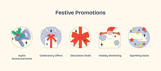 Festive Promotions with gifts, megaphone, and Santa hat symbolize celebration and marketing. Neubrutalism style