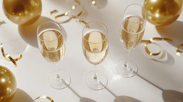 New Year's Eve champagne glasses filled with bright festive holiday lights