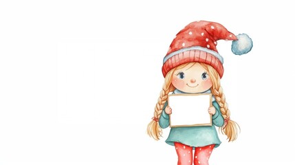 Fototapeta premium Cute gnome holding blank message board for holiday decoration